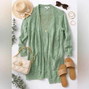 Large XL Elegant Knit Open Front Long Cardigan in Soft Green L/XL